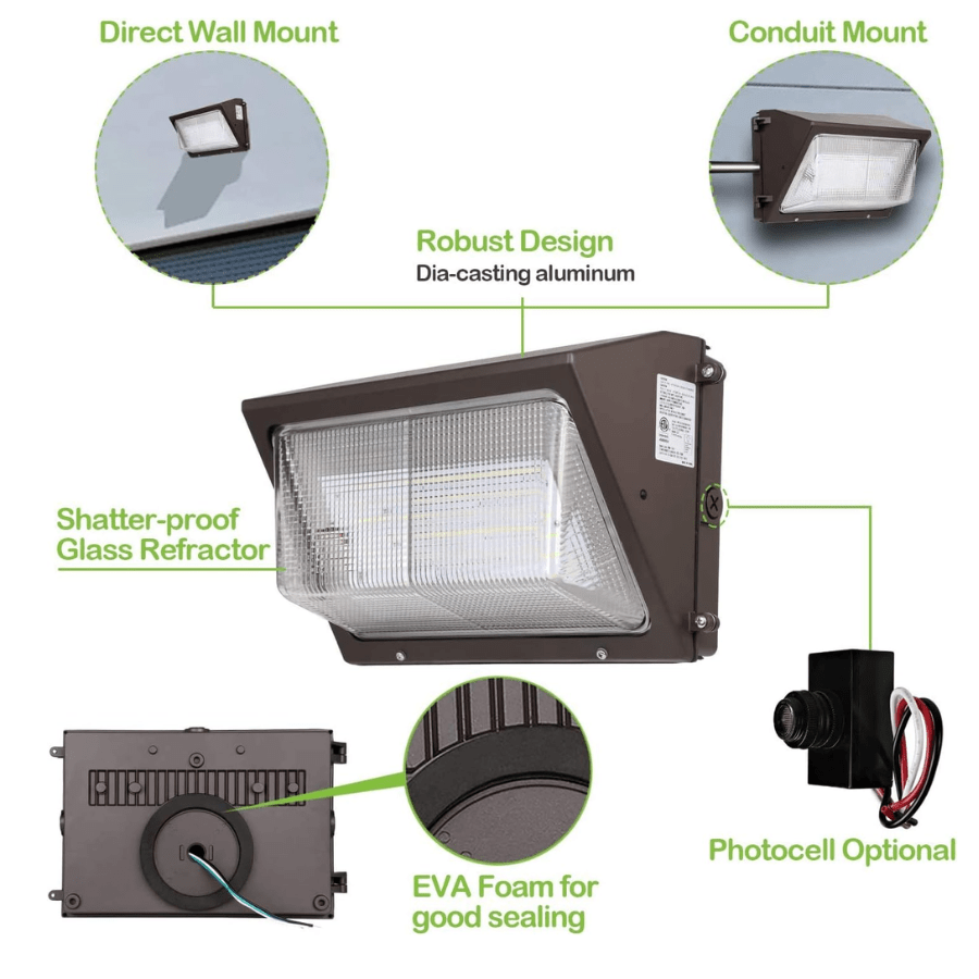 LED Wall Pack Light, 120W, 15,600 Lumens, 5700K Daylight, Replaces 400W MH, Photocell Optional, IP65 Rated, DLC Listed, Commercial Outdoor Lighting, 100-277V, 3-Year Warranty