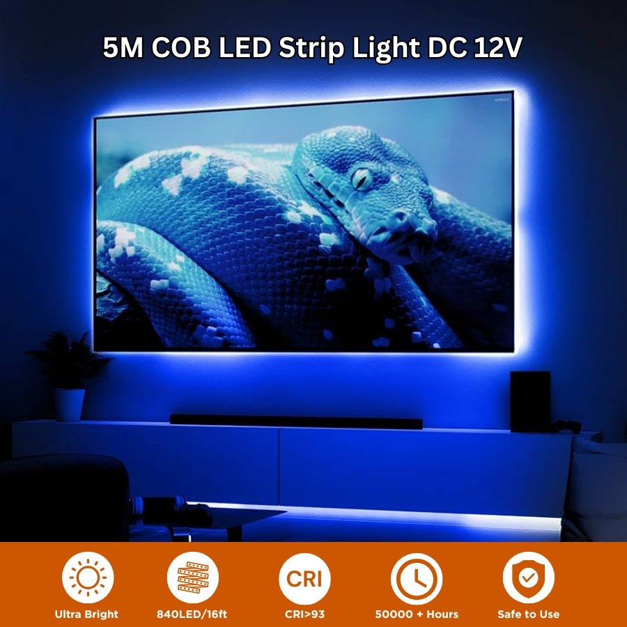 12V COB LED Strip Light RGB 16ft/5m 840 LEDs/m, 65,000 Hour Lifespan, Color Changing, Dot-Free Indoor Tape Light for Gaming Setup, Desk, Mirror, Bed Frame, Accent Walls - Flexible, Cuttable (LED Only, No Power Supply Included) - UL Listed