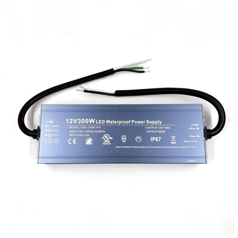 300W 12V LED Driver Power Supply - UL Listed Waterproof IP67 LED Light Transformer, AC 100-130V to DC 12V Low Voltage Adapter for Outdoor Use