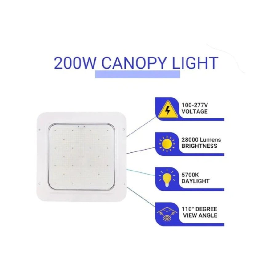 200W LED Canopy Light, 28000 Lumens, 5700K Cool White, 600-850W HPS/HID Replacement, 140 LM/W, Waterproof & Outdoor Rated Fixture, DLC & UL Listed - Ideal for Gas Stations, Streets, Area & Outdoor Lighting