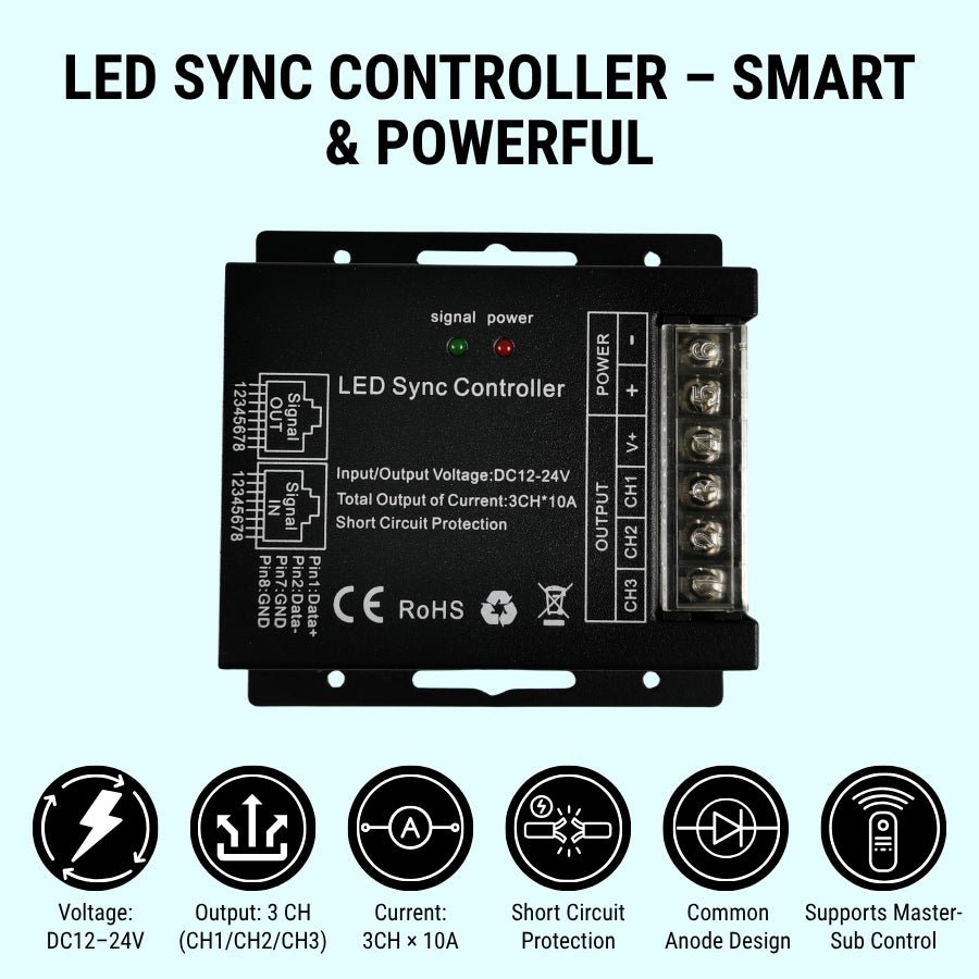 RGB LED Controller with RF Touch Remote - DC12V-24V, 3 Channel Dimmer, 432W Max Output - 10 Lighting Modes, Sync Function, Short Circuit Protection - for LED Strip Lights, Common Anode
