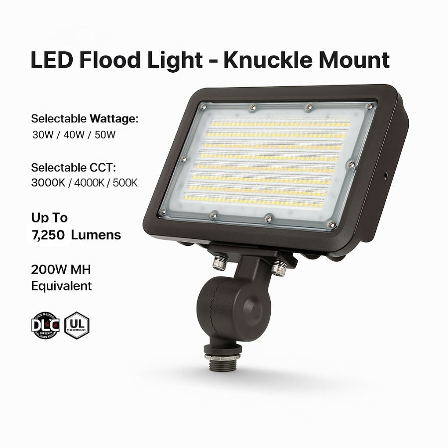 LED Flood Light - Knuckle Mount, Selectable Wattage (30W/40W/50W) & CCT (3000K/4000K/5000K), 7,250 lm, 200W MH Equivalent, IP65 Waterproof, Integrated Photocell, UL/DLC Certified, Dimmable 0-10V, 50,000 Hrs, 3-Year Warranty
