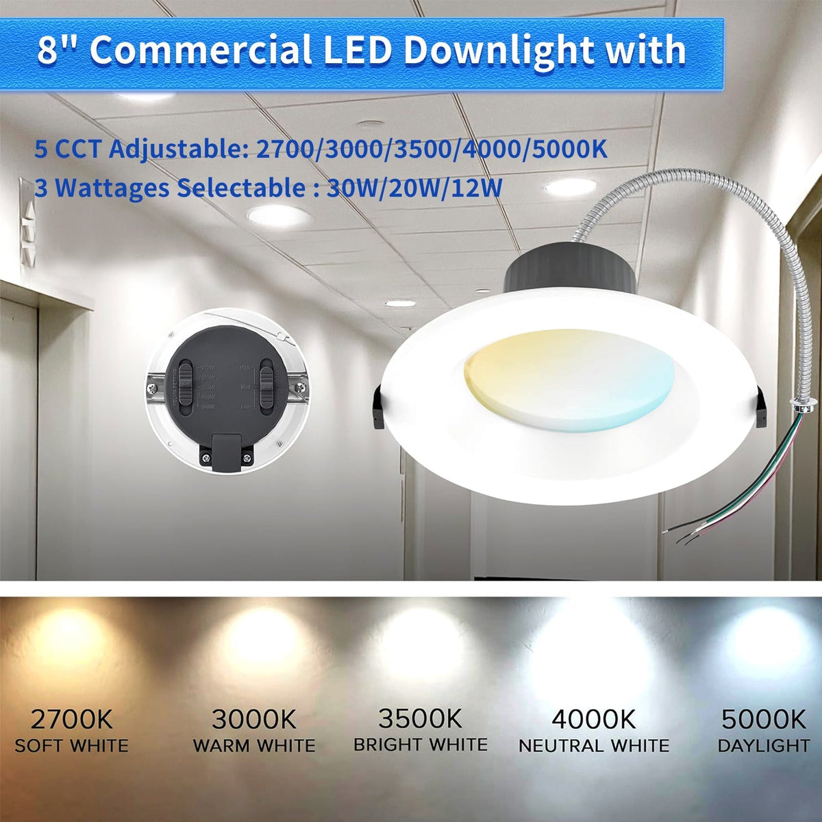 Recessed LED Lighting, 8 Inch, Commercial Recessed Downlights, Brightness 2400lms, Wattage Adjustable 12/20/30W, 0-10V Dimmable Ceiling Light Fixture, 5 CCT 2700K-5000K, 120-277V IC Rated UL & Energy Star