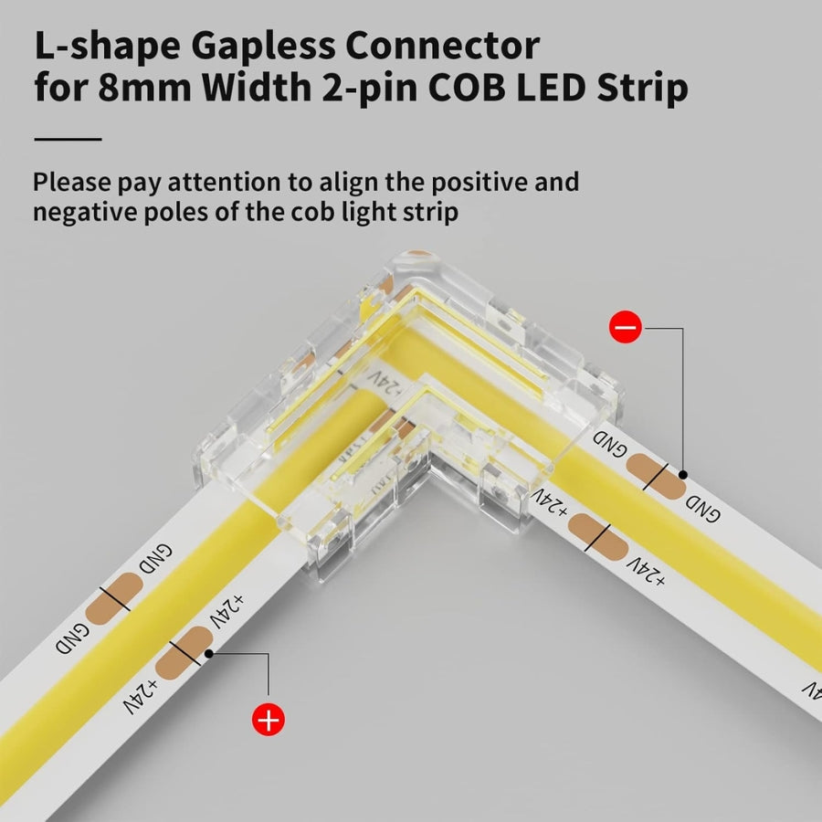 8mm COB Connector 8pcs L-Shaped/Corner Connector,Unwired Clips Solderless Adapter Terminal Extension Connection,2pcs Transparent Gapless Connectors for 2-Pin COB LED Strip Lights,NOT for 10mm