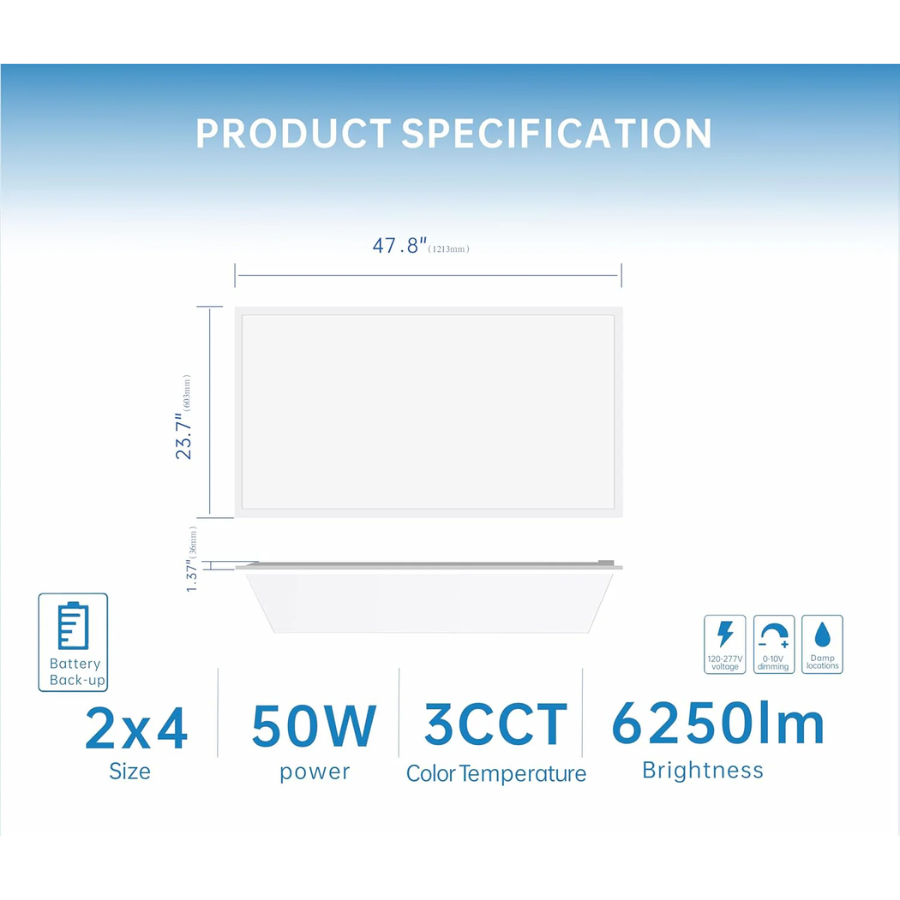 2x4 LED Flat Panel Light with Emergency Battery Backup, 50W 3000K/4000K/5000K, 0-10V Dimmable, 6500 Lumens, LED Drop Ceiling Lights, 100-277V, UL Listed, Ultra Thin Back-Lit