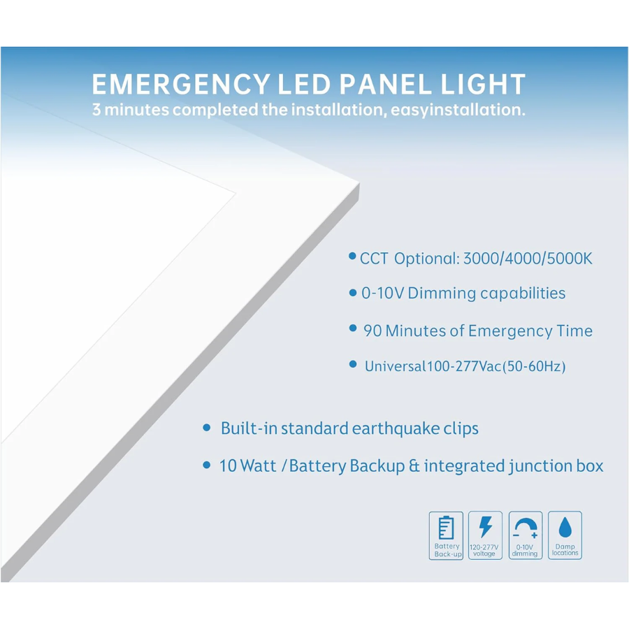 2x4 LED Flat Panel Light with Emergency Battery Backup, 50W 3000K/4000K/5000K, 0-10V Dimmable, 6500 Lumens, LED Drop Ceiling Lights, 100-277V, UL Listed, Ultra Thin Back-Lit