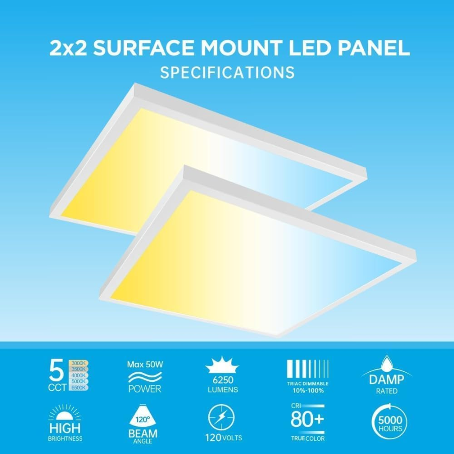 2x2FT LED Flat Panel Light Surface Mount Ceiling Light, 5CCT 3000K/3500K/4000K/5000K/6500K 120V TRIAC Dimmable, 40W 5100 Lumens, Flush Mount or Drop Ceiling for Office, Kitchen Garage, 2 Pack