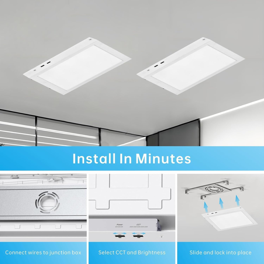 2x2FT LED Flat Panel Light Surface Mount Ceiling Light, 5CCT 3000K/3500K/4000K/5000K/6500K 120V TRIAC Dimmable, 40W 5100 Lumens, Flush Mount or Drop Ceiling for Office, Kitchen Garage, 2 Pack