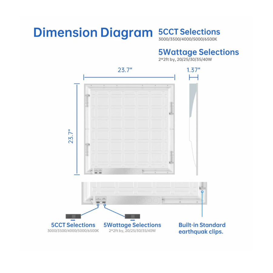 2x2 LED Flat Panel Light, 20W-40W Selectable, 5CCT 3000K-6500K, Dimmable Drop Ceiling Lights, 2500-5000 Lumens, ETL DLC Listed Pack of 144