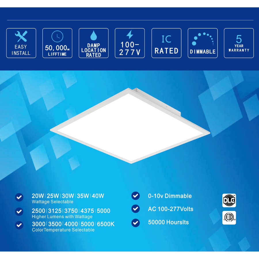 2x2 LED Flat Panel Light, 20W-40W Selectable, 5CCT 3000K-6500K, Dimmable Drop Ceiling Lights, 2500-5000 Lumens, ETL DLC Listed Pack of 144