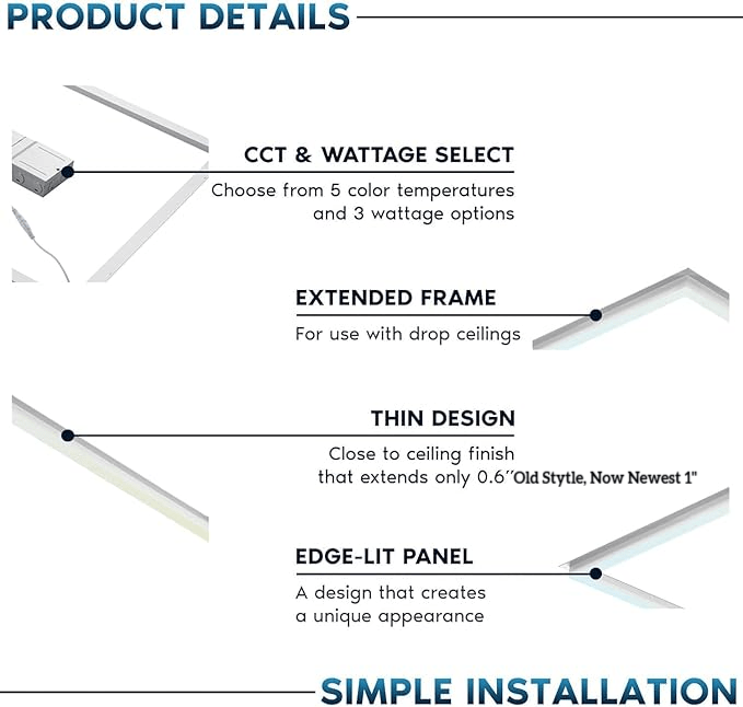 2x2 LED Panel Light - Edge-Lit Frame, 5CCT Selectable 3000K-6500K, 20W/30W/40W, 2600-5200LM, 0-10V Dimmable Drop Ceiling Lights, ETL Listed (6 Pack)