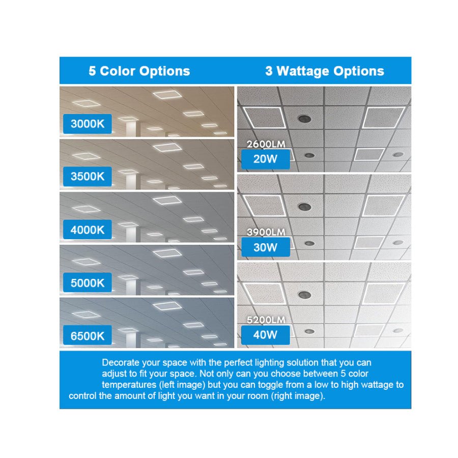 2x2 LED Panel Light - Edge-Lit Frame, 5CCT Selectable 3000K-6500K, 20W/30W/40W, 2600-5200LM, 0-10V Dimmable Drop Ceiling Lights, ETL Listed (6 Pack)
