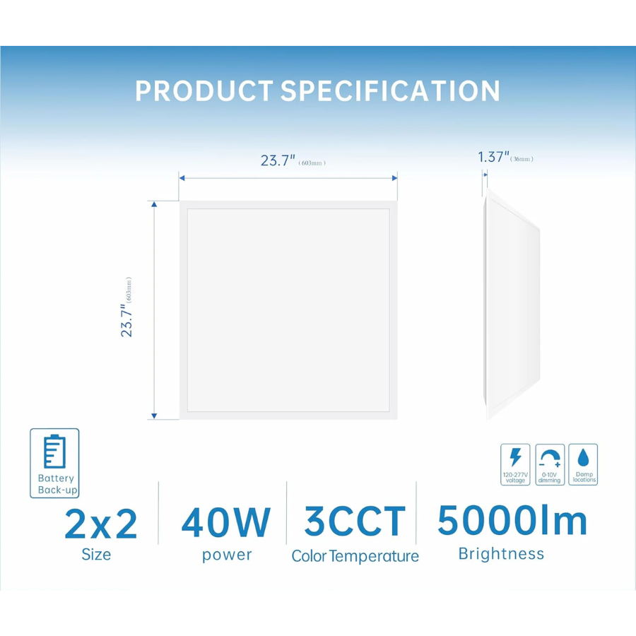 2x2 LED Flat Panel Light Emergency Battery Backup, 40W-3000K/4000K/5000K, 0-10V Dimmable, 4390 Lumens, LED Drop Ceiling Light, 100-277V, UL Listed, Ultra Thin Back-Lit