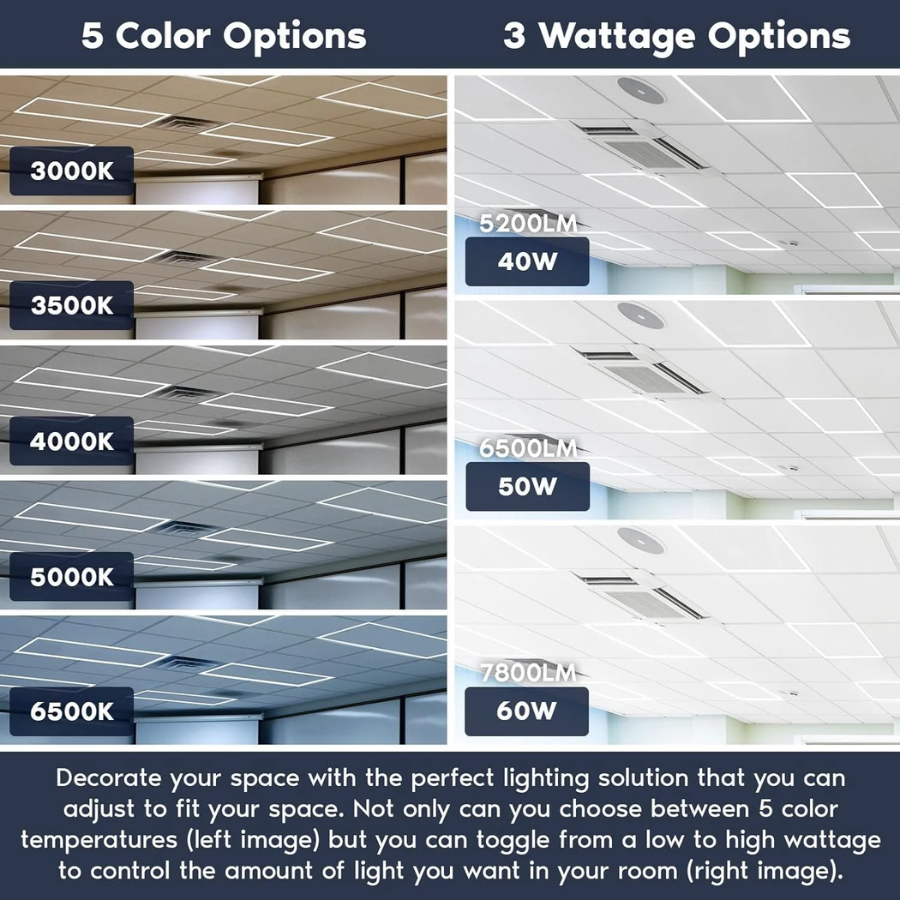 2x4 FT Edge-Lit Frame And T-Grid LED Panel Lights,5CCT Selectable 3000K-6500K, 5200/6500/7800LM,40W/50W/60W Switch, Grid Drop Ceiling Lights,0-10V Dimmable,Damp Rated,100-277V,ETL Listed DLC Premium