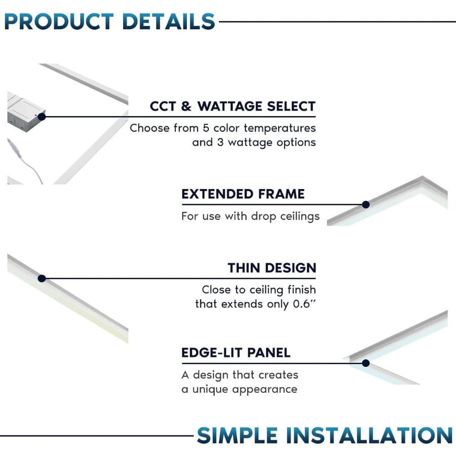 2x4 FT Edge-Lit Frame And T-Grid LED Panel Lights,5CCT Selectable 3000K-6500K, 5200/6500/7800LM,40W/50W/60W Switch, Grid Drop Ceiling Lights,0-10V Dimmable,Damp Rated,100-277V,ETL Listed DLC Premium