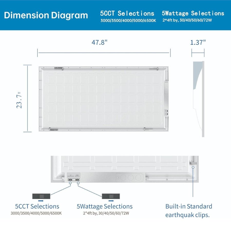 2x4 FT LED Light Flat Panel, 40-72W, 5 CCT 3K | 3.5K | 4K | 5K | 6.5K, Dimmable Recessed Drop Ceiling Lights, 3750/5000/6250/7500/9000 Lumens, Lay in Fixture for Office, 120-277V, UL DLC