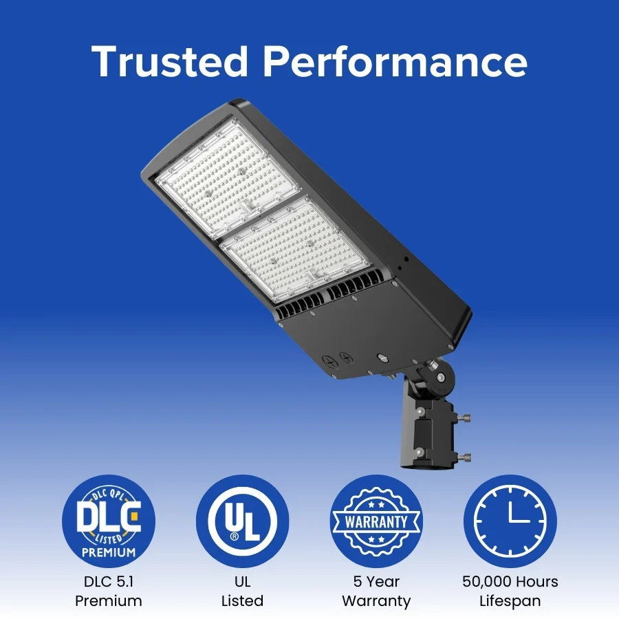 300W LED Parking Lot Light, 1000W Metal Halide Equivalent, 40,500 Lumens, 5700K Cool White, Dimmable 1-10V, IP65 Waterproof, Bronze Housing, Shoebox Mount, Inbuild Photocell,Surge protector, DLC 5.1 Premium, 120-277V, 3-Year Warranty