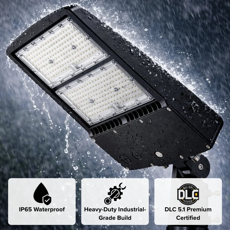 300W LED Parking Lot Light, 1000W Metal Halide Equivalent, 40,500 Lumens, 5700K Cool White, Dimmable 1-10V, IP65 Waterproof, Bronze Housing, Shoebox Mount, Inbuild Photocell,Surge protector, DLC 5.1 Premium, 120-277V, 3-Year Warranty