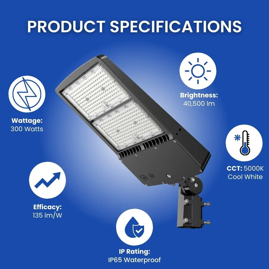300W LED Parking Lot Light, 1000W Metal Halide Equivalent, 40,500 Lumens, 5700K Cool White, Dimmable 1-10V, IP65 Waterproof, Bronze Housing, Shoebox Mount, Inbuild Photocell,Surge protector, DLC 5.1 Premium, 120-277V, 3-Year Warranty