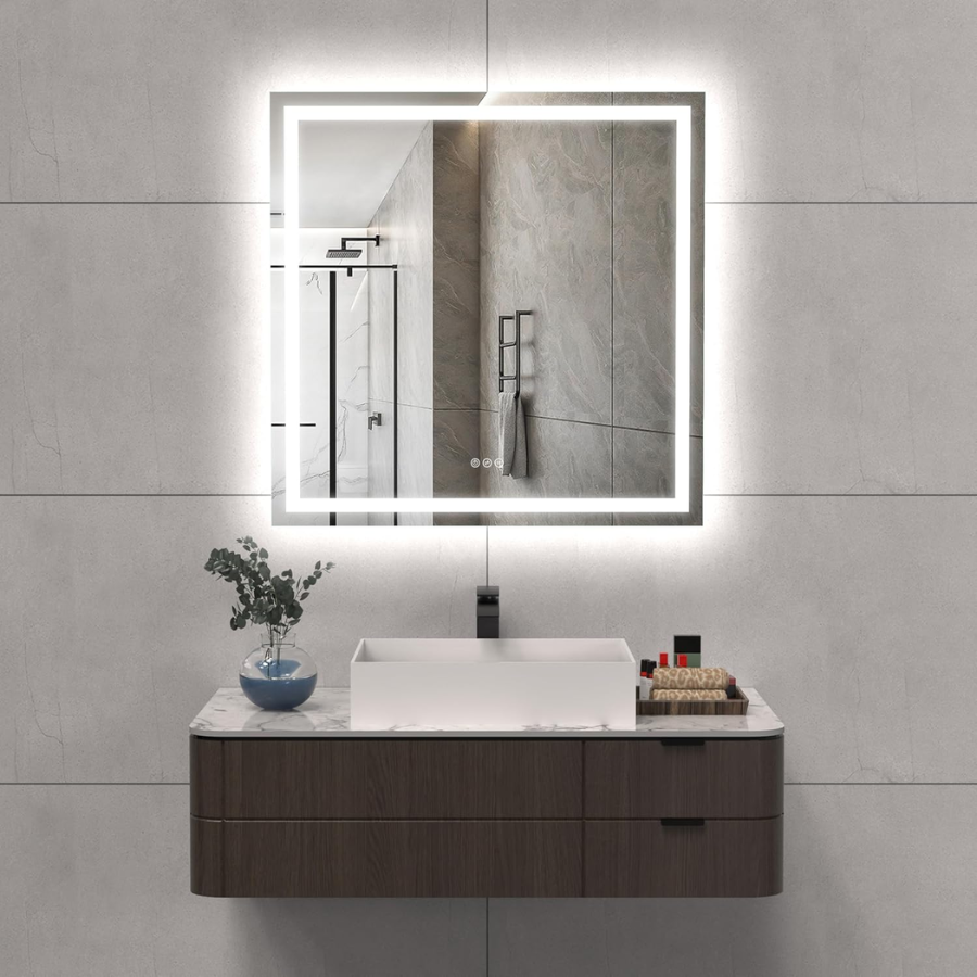 36x36 Inch LED Bathroom Mirror Anti-Fog Dimmable Vanity Mirror with Front & Backlit Lights, 3K-6K Color Temp, Wall Mount (Horizontal/Vertical), IP54, Tempered Glass, UL Listed