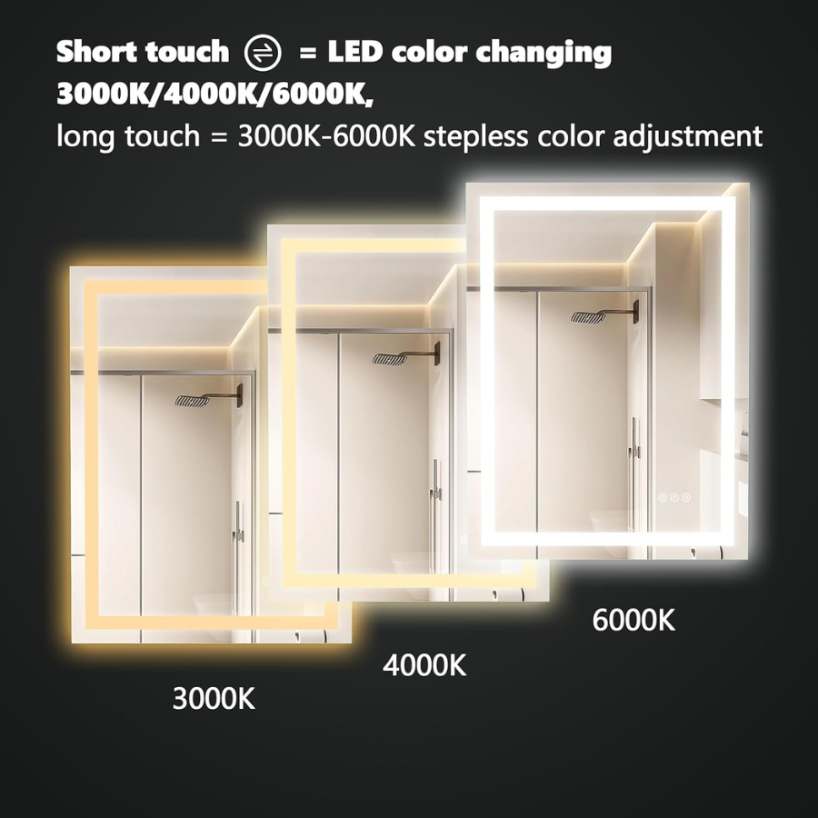 36x36 Inch LED Bathroom Mirror Anti-Fog Dimmable Vanity Mirror with Front & Backlit Lights, 3K-6K Color Temp, Wall Mount (Horizontal/Vertical), IP54, Tempered Glass, UL Listed