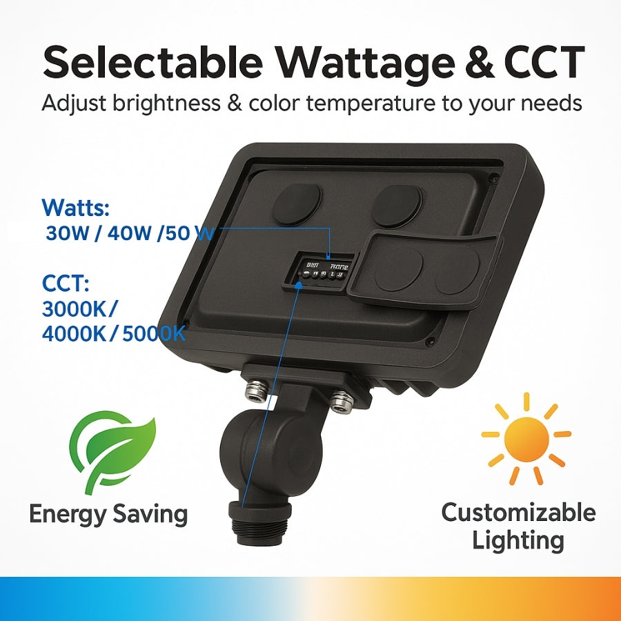 LED Flood Light - Knuckle Mount, Selectable Wattage (30W/40W/50W) & CCT (3000K/4000K/5000K), 7,250 lm, 200W MH Equivalent, IP65 Waterproof, Integrated Photocell, UL/DLC Certified, Dimmable 0-10V, 50,000 Hrs, 3-Year Warranty