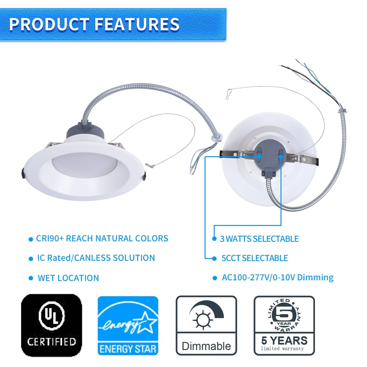 Recessed LED Lighting, 8 Inch, Commercial Recessed Downlights, Brightness 2400lms, Wattage Adjustable 12/20/30W, 0-10V Dimmable Ceiling Light Fixture, 5 CCT 2700K-5000K, 120-277V IC Rated UL & Energy Star