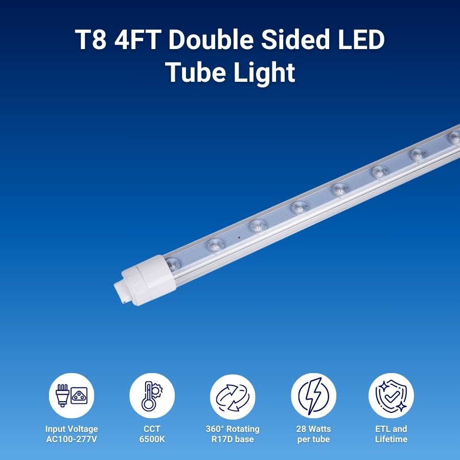 4ft LED Shop Lights, 28W T8 Double-Sided Tube, 6500K Cool White, R17D Rotatable Base, Ballast Bypass - Ideal for Commercial Signs and Indoor Lighting