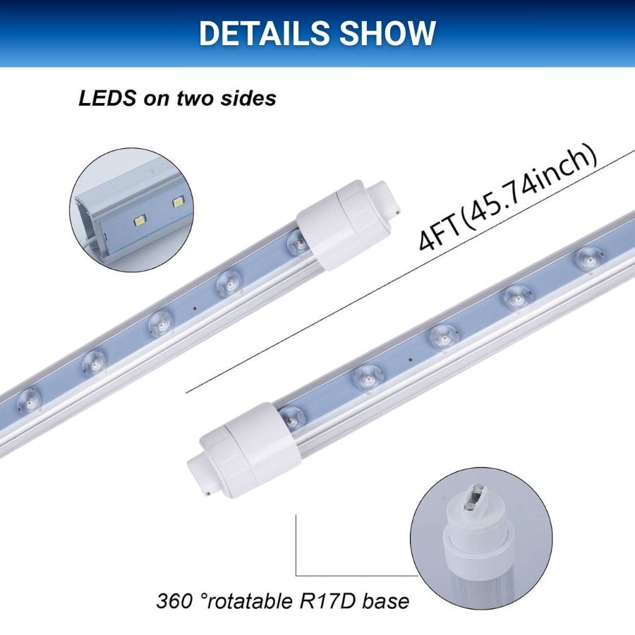 4ft LED Shop Lights, 28W T8 Double-Sided Tube, 6500K Cool White, R17D Rotatable Base, Ballast Bypass - Ideal for Commercial Signs and Indoor Lighting