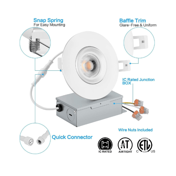 LED Recessed Ceiling Lights, 3 Inch Dimmable 5CCT Ultra-Thin with Junction Box, 8W Canless Slim Panel Downlight, 2700K/3000K/3500K/4000K/5000K, IC Rated, ETL