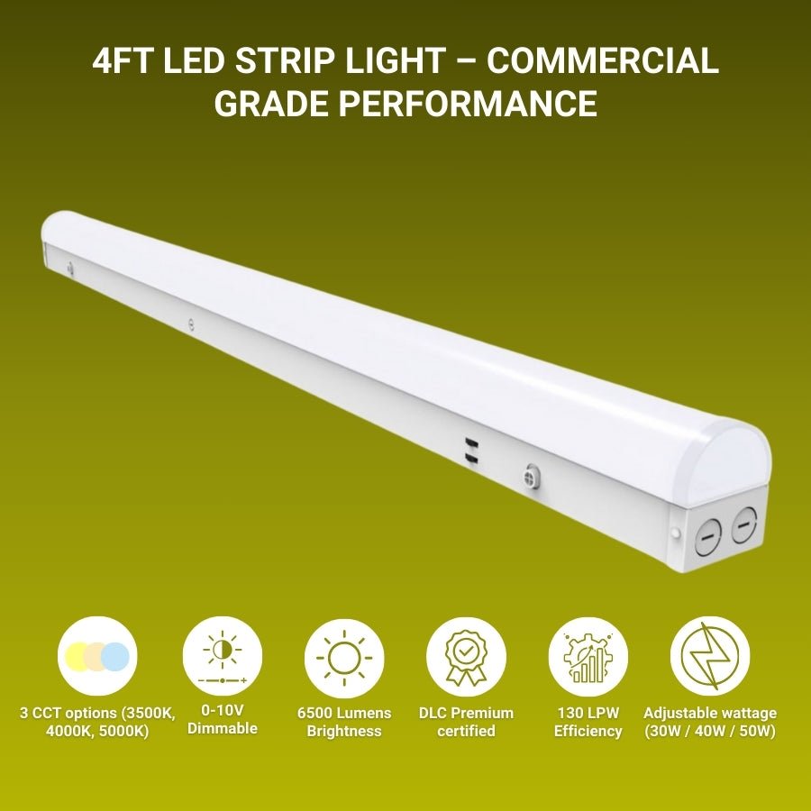4FT LED Linear Strip Light - Wattage Adjustable 30W/40W/50W, Color Tunable 3500K/4000K/5000K, Dimmable, Commercial Lighting, Ceiling Light Fixture