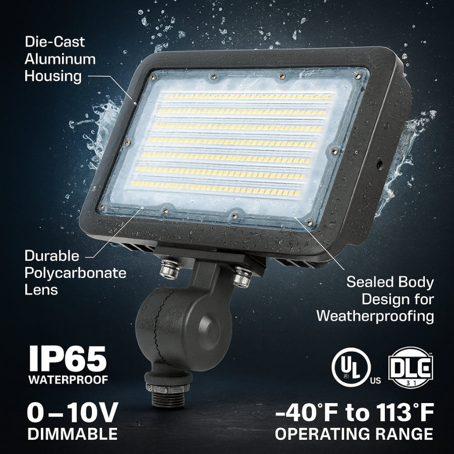 LED Flood Light - Knuckle Mount, Selectable Wattage (30W/40W/50W) & CCT (3000K/4000K/5000K), 7,250 lm, 200W MH Equivalent, IP65 Waterproof, Integrated Photocell, UL/DLC Certified, Dimmable 0-10V, 50,000 Hrs, 3-Year Warranty