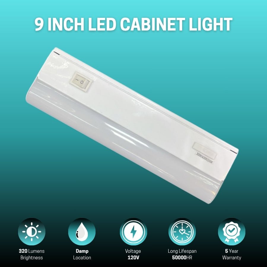9 Inch LED Under Cabinet Lighting, 4W, 3CCT 3000K/4000K/5000K, 320 Lumens, Hardwired, On/Off Switch, CRI 80+, ETL Certified - Perfect For Kitchen, Vanity, Tiny Home, Makeup Station, Bookshelf, Task, Display, Home Office