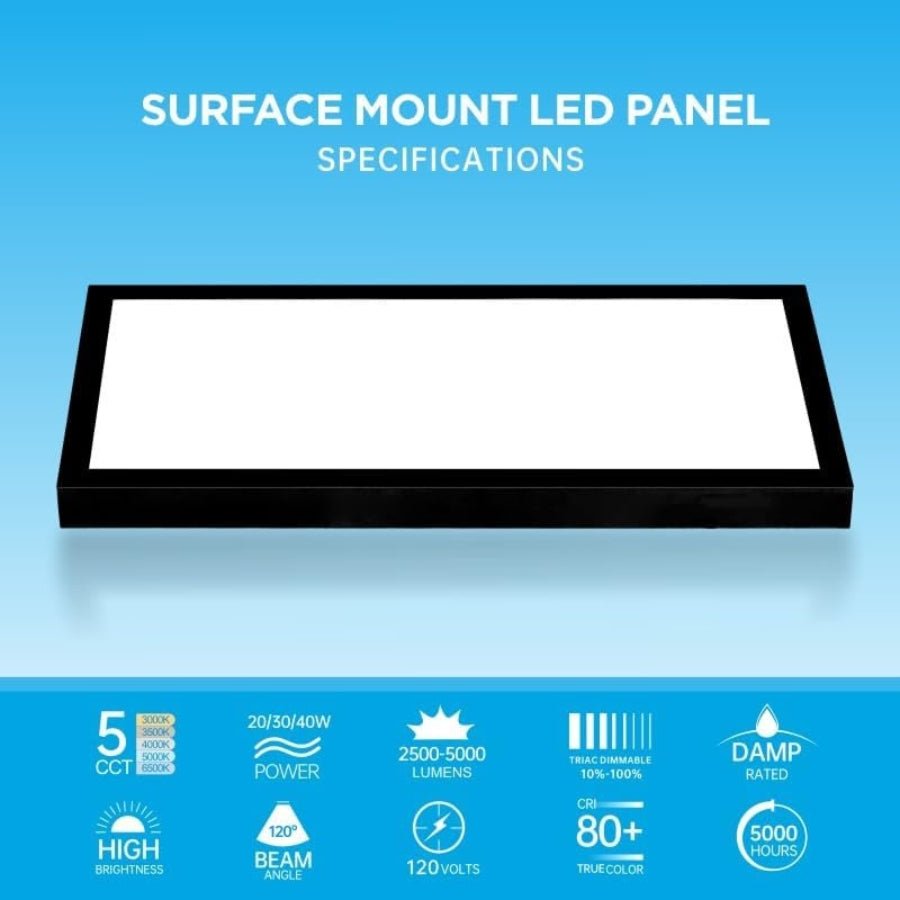 1x2 LED Panel Light Surface Mount, 20W/30W/40W, 5CCT, Triac Dimmable, 2500-5000LM Ceiling Light for Kitchen, Office, Garage Lighting