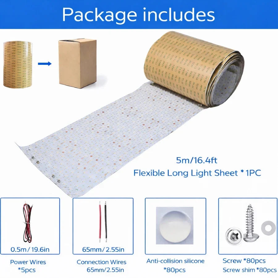 16.4ft x 9.45in Giant LED Sheet Roll 24V Flexible Cuttable Dimmable LED Backlight Panel, 2700K, Paper Thin Plug & Play LED Board for Countertops, Stained Glass & Accent Walls, UL Listed, IP20