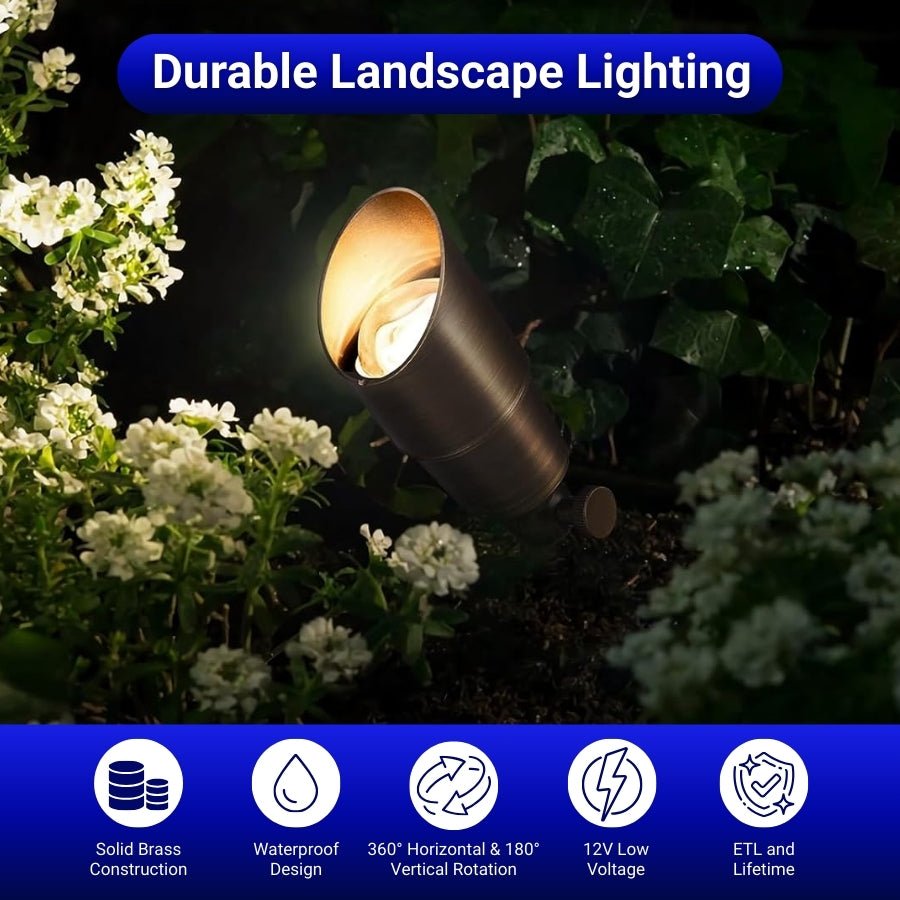 Low Voltage Landscape Spotlights - Brass LED Outdoor Lighting, 12V Waterproof Wired Fixtures for Garden, Yard, Tree, or House Without MR16 Bulb