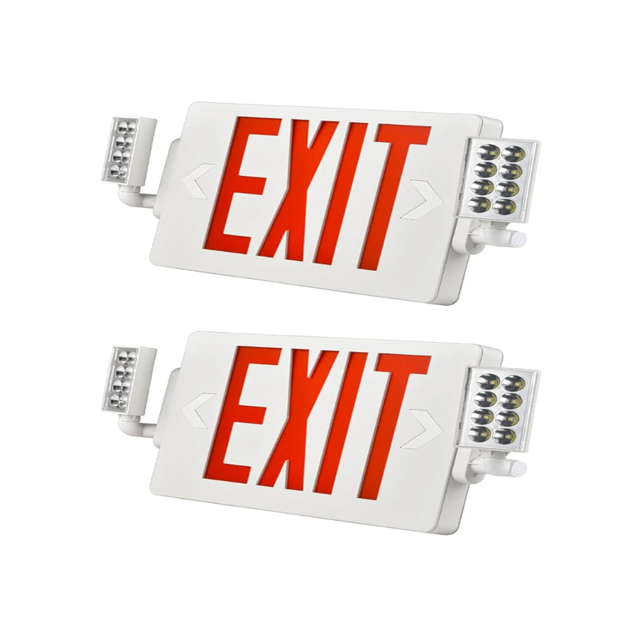 Double Sided LED Emergency EXIT Sign Combo, Two LED Lights, Backup Battery, US Standard Red Letter Emergency Exit Lighting, Commercial Grade, 120-277V, Fire Resistant (UL 94V-0)