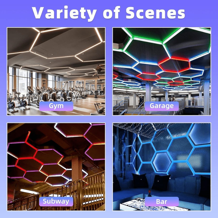 Hexagon Garage Lights RGB - Honeycomb Light With 358 Color Modes, Hex Grid LED Ceiling Lighting, Remote & Smart App Control, IP54 LED Lights For Garage, Gym, Gaming Room, Bar, Party, Hexagon Wall Lights - 24 Pieces