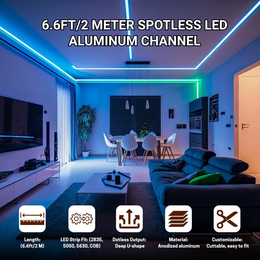 6.6ft/2M Spotless LED Aluminum Channel,Flat Milky Diffuser Deep Aluminum Channel Profile Track Extrusion for LED Strip Light Width Up to 12mm