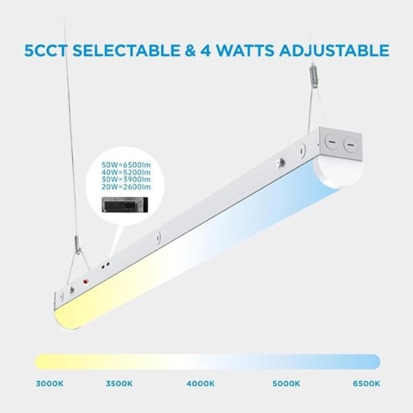 LED Shop Light, 4ft With Motion Sensor, Lighting Fixtures, Emergency Battery Backup, Adjustable 20W-50W, 6500LM, 5 Colors 3000K-6500K, ETL Linkable Ceiling Light