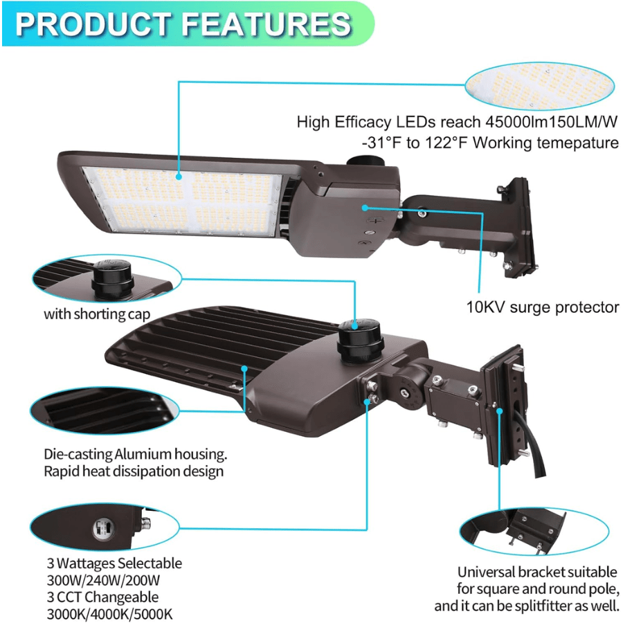 300W/240W/200W LED Parking Lot Lights, Power & CCT Selectable 3000K/4000K/5000K, 45000 Lumens, AC277-480V Shoebox Area Light, IP65 Waterproof, Universal Bracket, UL/DLC Listed