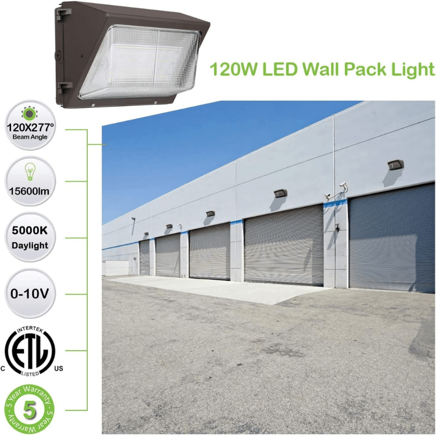 LED Wall Pack Light, 120W, 15,600 Lumens, 5700K Daylight, Replaces 400W MH, Photocell Optional, IP65 Rated, DLC Listed, Commercial Outdoor Lighting, 100-277V, 3-Year Warranty