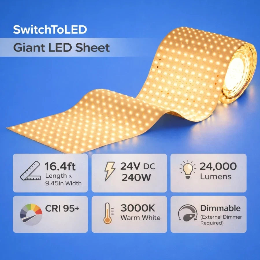 16.4ft x 9.45in Giant LED Sheet Roll 24V Flexible Cuttable Dimmable LED Backlight Panel, 2700K, Paper Thin Plug & Play LED Board for Countertops, Stained Glass & Accent Walls, UL Listed, IP20