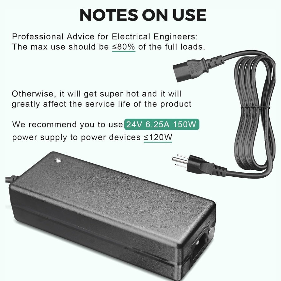 24V DC Power Supply Adapter 6.25A 150W - 100-240V AC to DC Transformer Converter for LED Strip Lights, CCTV, LED Driver Replacement