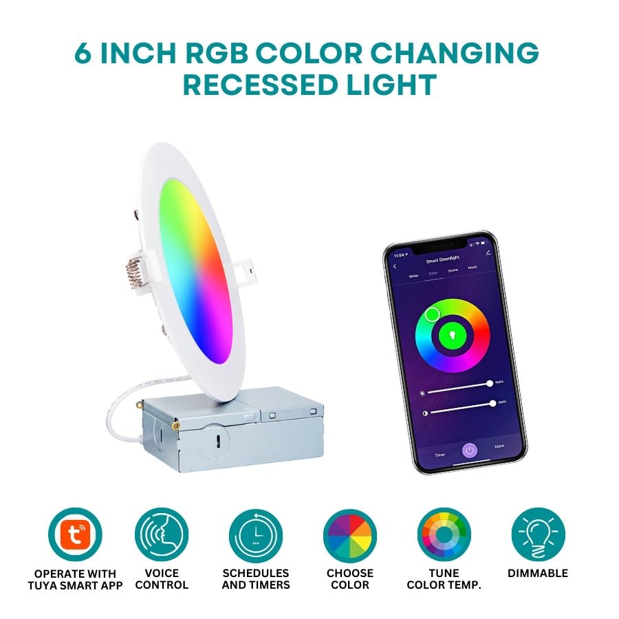 Smart Recessed Lighting 6 Inch - 12W RGB LED Downlights with Junction Box, 1080 Lumen, Canless Wafer Ceiling Lights, Work with Alexa, Music Sync, DIY Scenes, Timer, 23 Modes