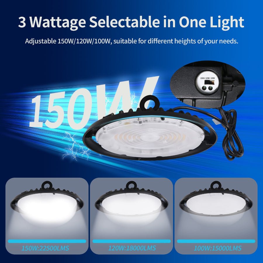 UFO LED High Bay Light, 150W/120W/100W Changeable, Plug & Play Lighting For Warehouse, 22500 Lumens, 5700K Cool White, UL&CUL Listed, 90 Degree Beam Angle, AC120V With 6' Power Cord Included