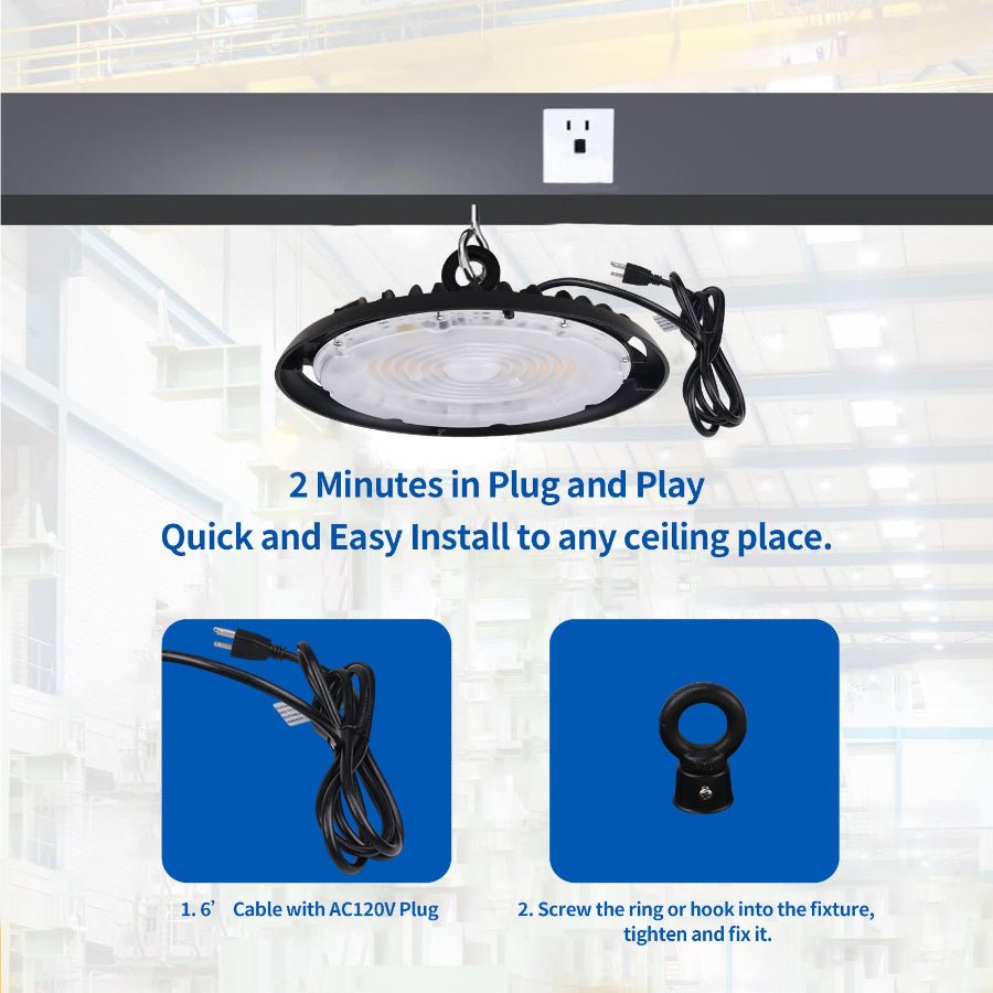 UFO LED High Bay Light, 150W/120W/100W Changeable, Plug & Play Lighting For Warehouse, 22500 Lumens, 5700K Cool White, UL&CUL Listed, 90 Degree Beam Angle, AC120V With 6' Power Cord Included