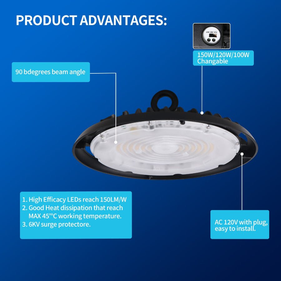 UFO LED High Bay Light, 150W/120W/100W Changeable, Plug & Play Lighting For Warehouse, 22500 Lumens, 5700K Cool White, UL&CUL Listed, 90 Degree Beam Angle, AC120V With 6' Power Cord Included