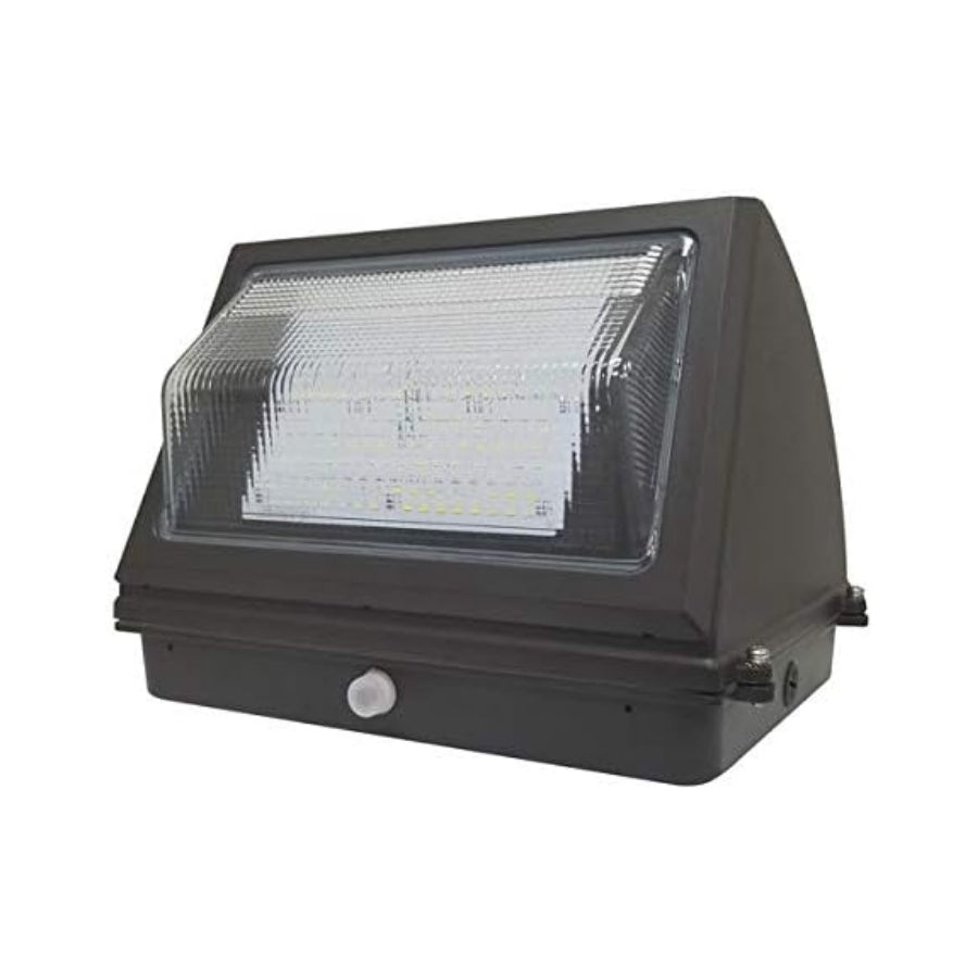 55W LED Emergency Wall Pack Light - Semi Cutoff - Glass Lens - Built in Emergency Back up - 120 Minutes Battery Backup- Forward Throw - DLC Listed