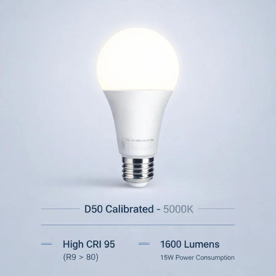 D50 Lighting, A21 LED Light Bulb, 100W Equivalent, Daylight 5000K, 1600 Lumens, E26 Base, High CRI 95, Non-Dimmable, 15W Bulb for Color-Critical Applications